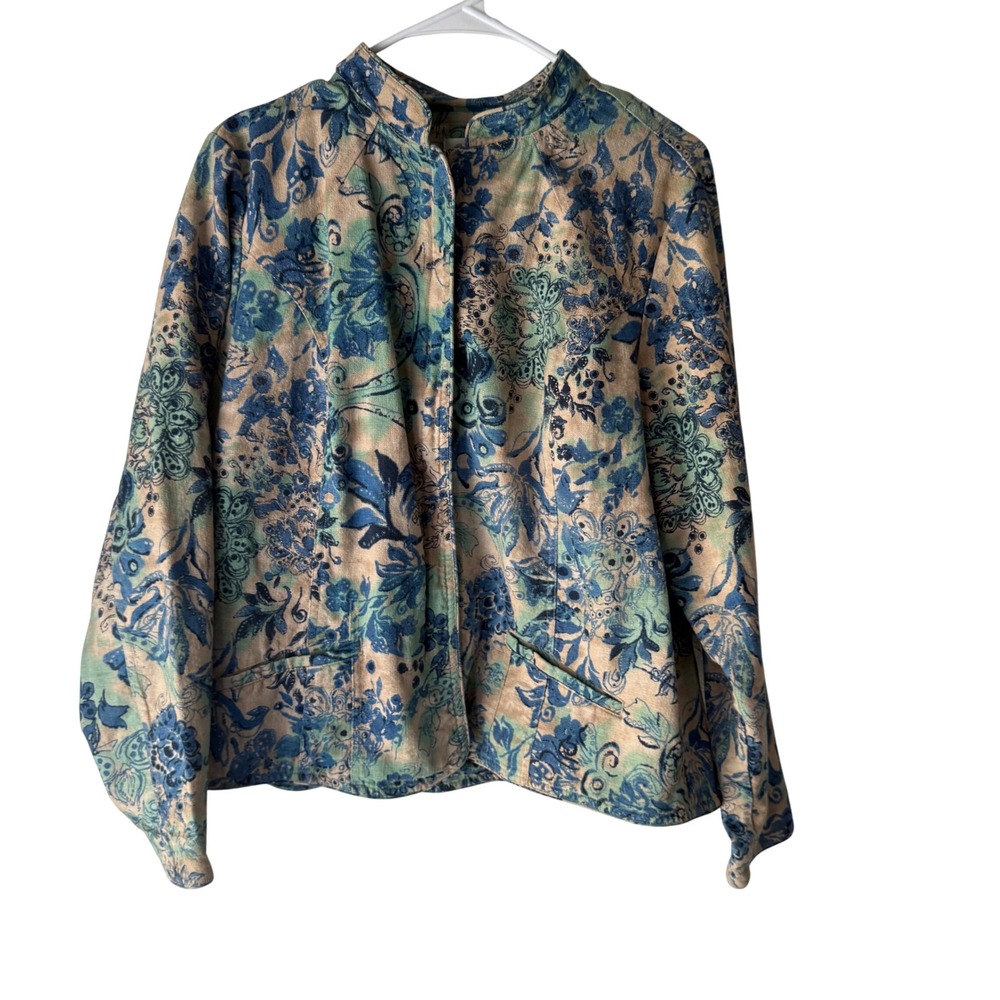 CJ Banks‎ Vintage Y2k Jacket Floral Print Blue Green Linen Cotton Boho Zip XL